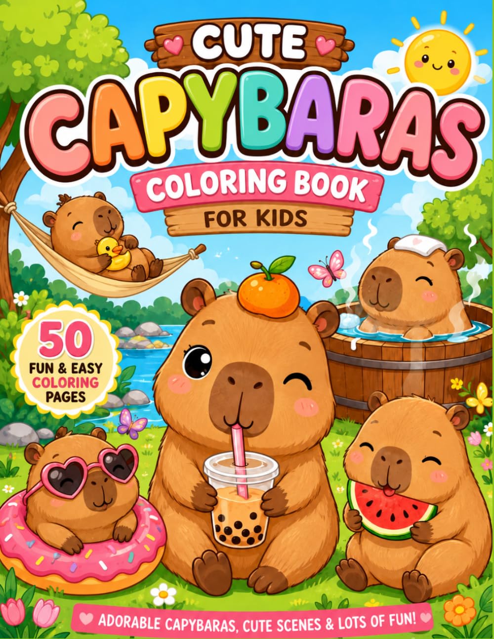 Cute Capybaras Coloring Book: 50 Fun and Adorable Capybara Coloring Pages