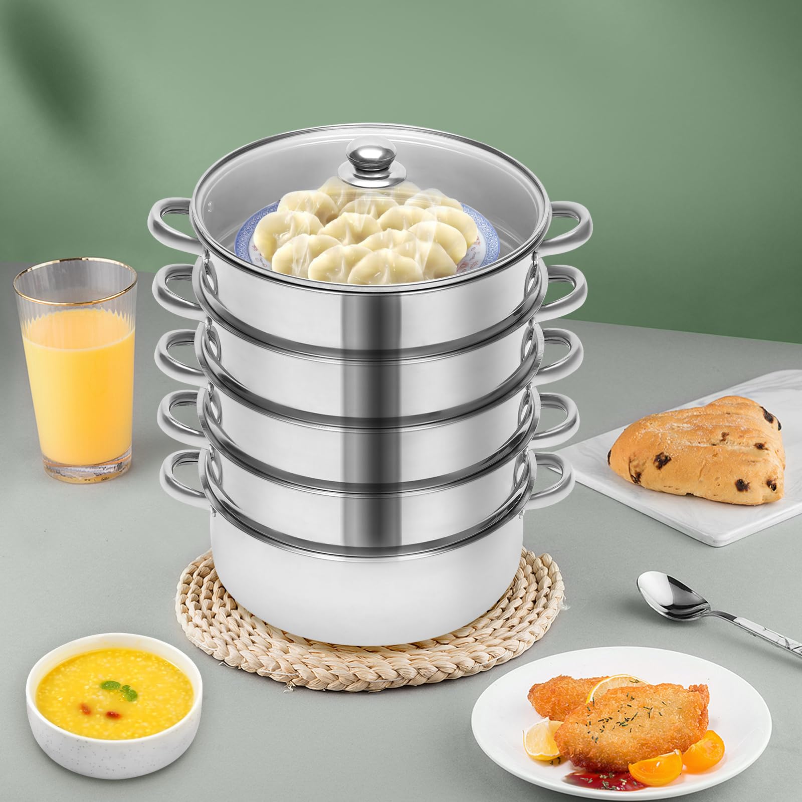 Cuocere a vapore a 5 strati, in acciaio inox, adatto per cuocere a vapore mais, gnocchi, panini, pesce, frutti di mare. Si adatta a quasi tutti i tipi di fornelli.