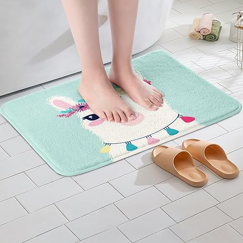 Miniatura 2 de Alfombras de baño antideslizantes con diseño de llamas de dibujos animados para baño, decoración de alpaca verde azulado, extrasuave y absorbente,