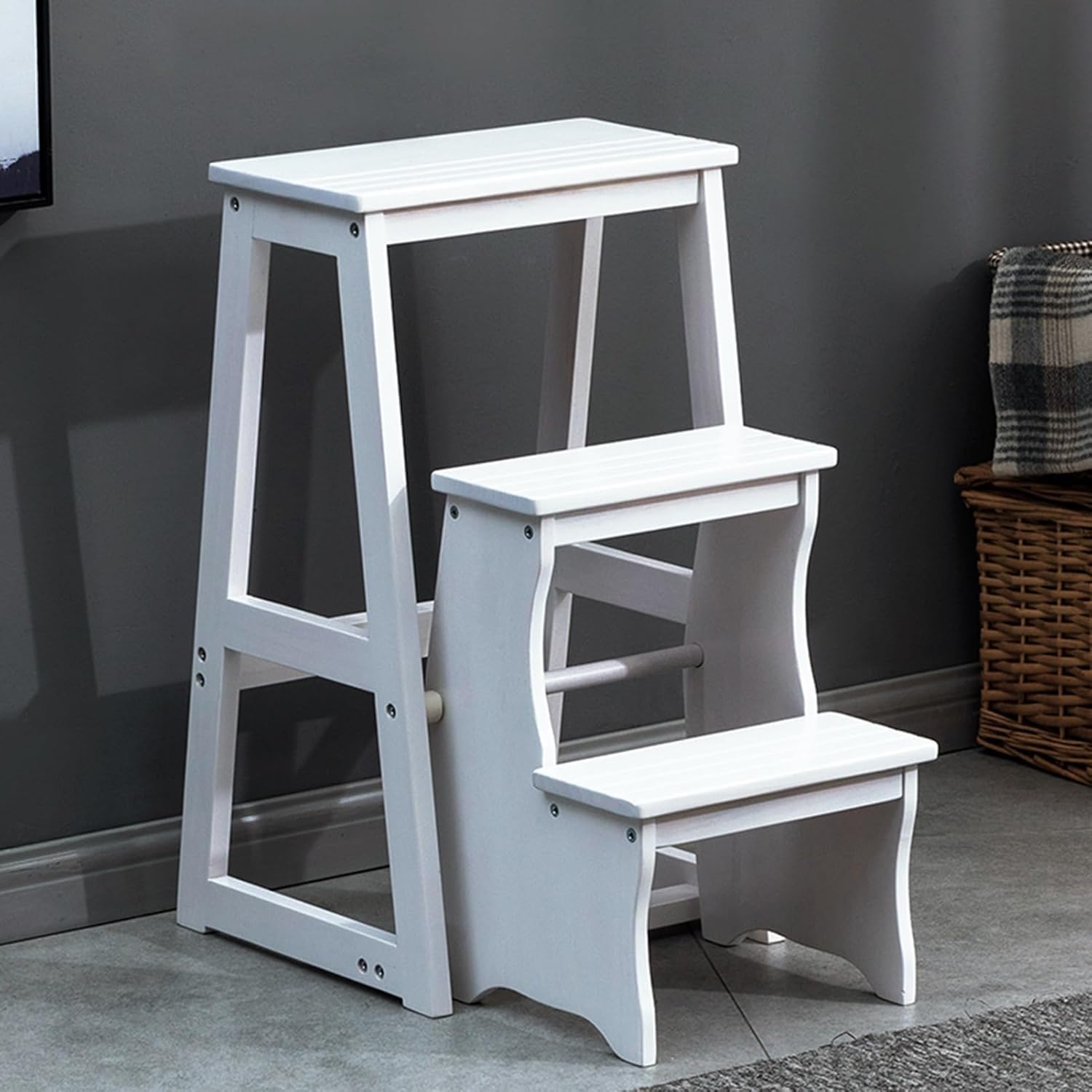 Wooden Folding Library Ladder Chair, 3 Step Solid Wood Folding Ladder Chair, Protable Wooden Step Stool, Display Ladder And Storage Shelf, For Home(Color:A)
