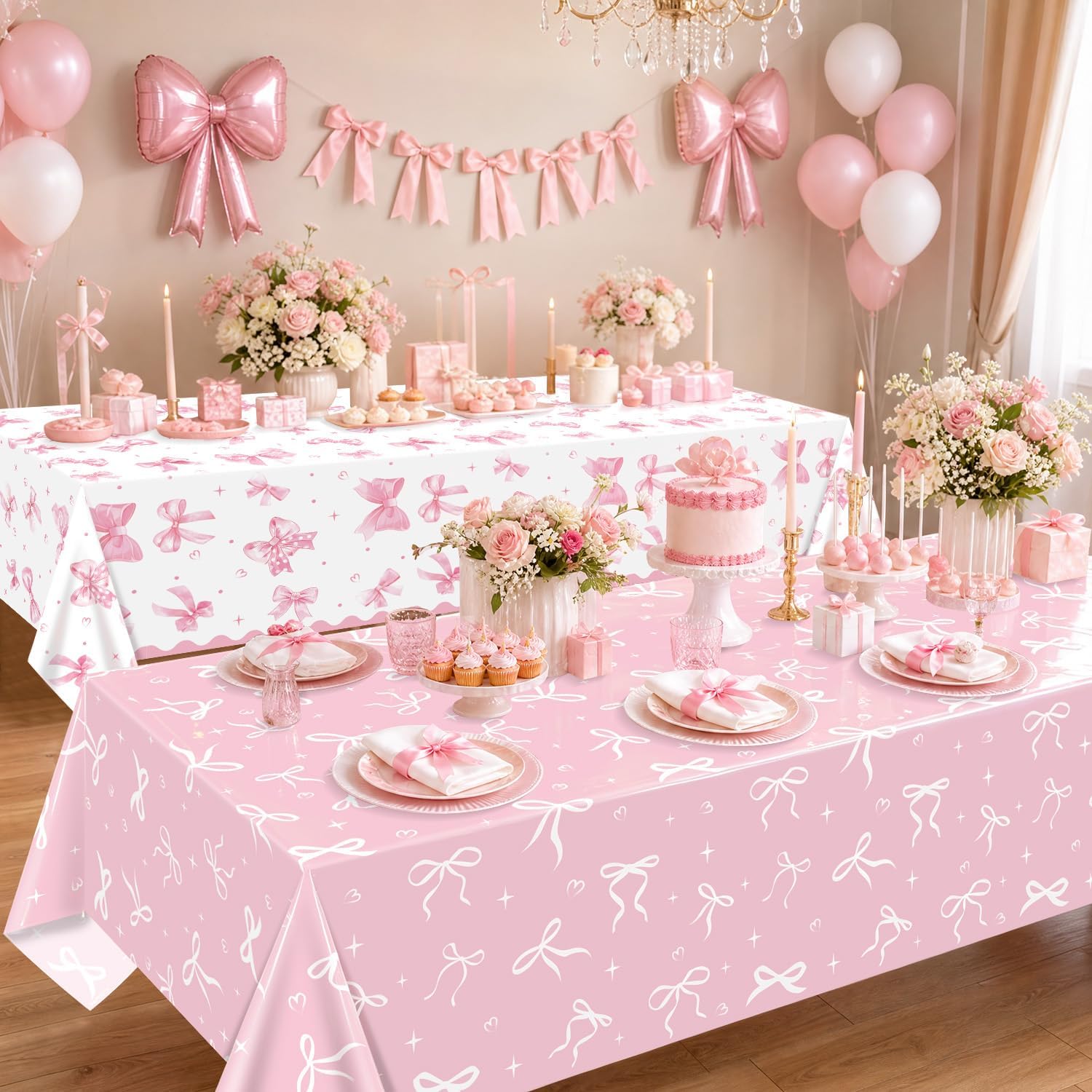4 Pack Bow Party Tablecloth - White Pink Bow Table Cover Decoration White Bow Table Cover for Coquette Theme Party Supplies Birthday Party Decorations (51 x 86 Inches)