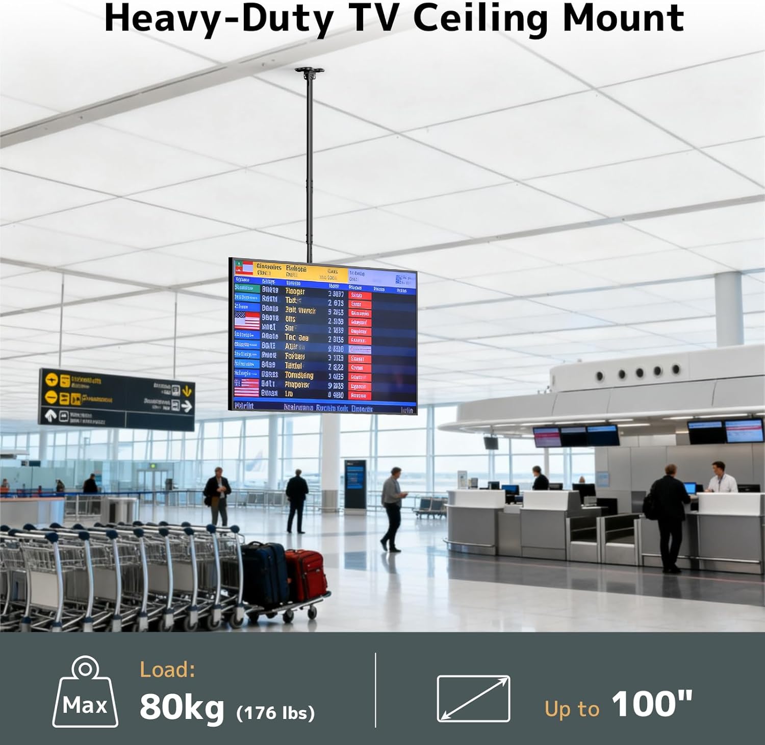 Ceiling TV Mount for 50-100 Inch Flat & Curved TVs up to 176lbs, Full Motion 360° Rotation TV Bracket with Adjustable Height, Tilt & Swivel, Max VESA 800x600mm, Fits LCD LED OLED 4K Screens, Black