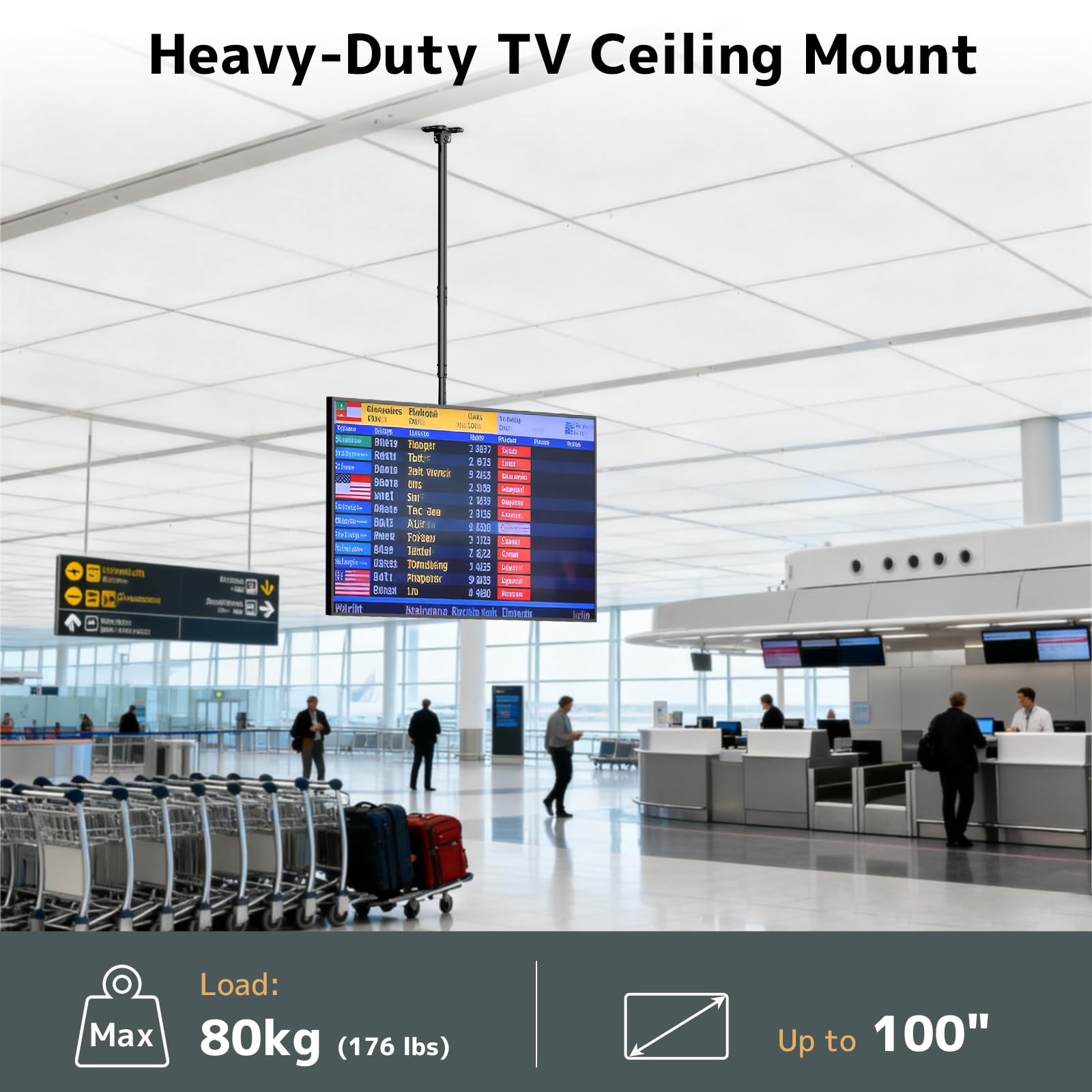 Supporto da soffitto per TV Putilsen per TV da 50-100 pollici piatte e curve fino a 80 kg, staffa TV a rotazione completa 360° con altezza regolabile, inclinazione e rotazione, VESA max 800x600mm