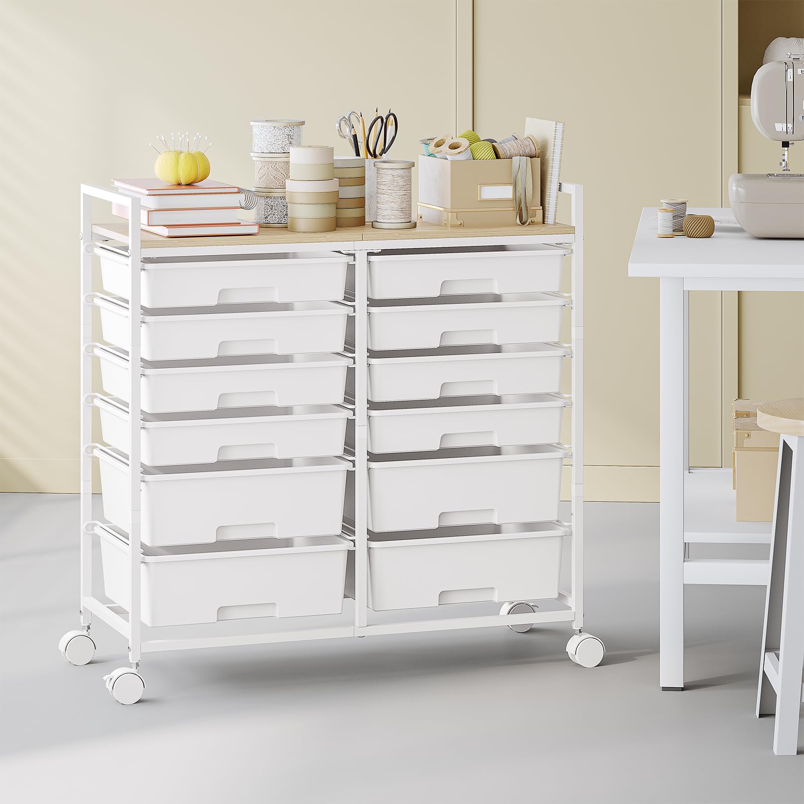 Carrello da bagno con 12 cassetti, in plastica, versatile, carrello per attrezzi, con piano di lavoro simile al legno, per bagno, cucina, soggiorno, ufficio, bianco