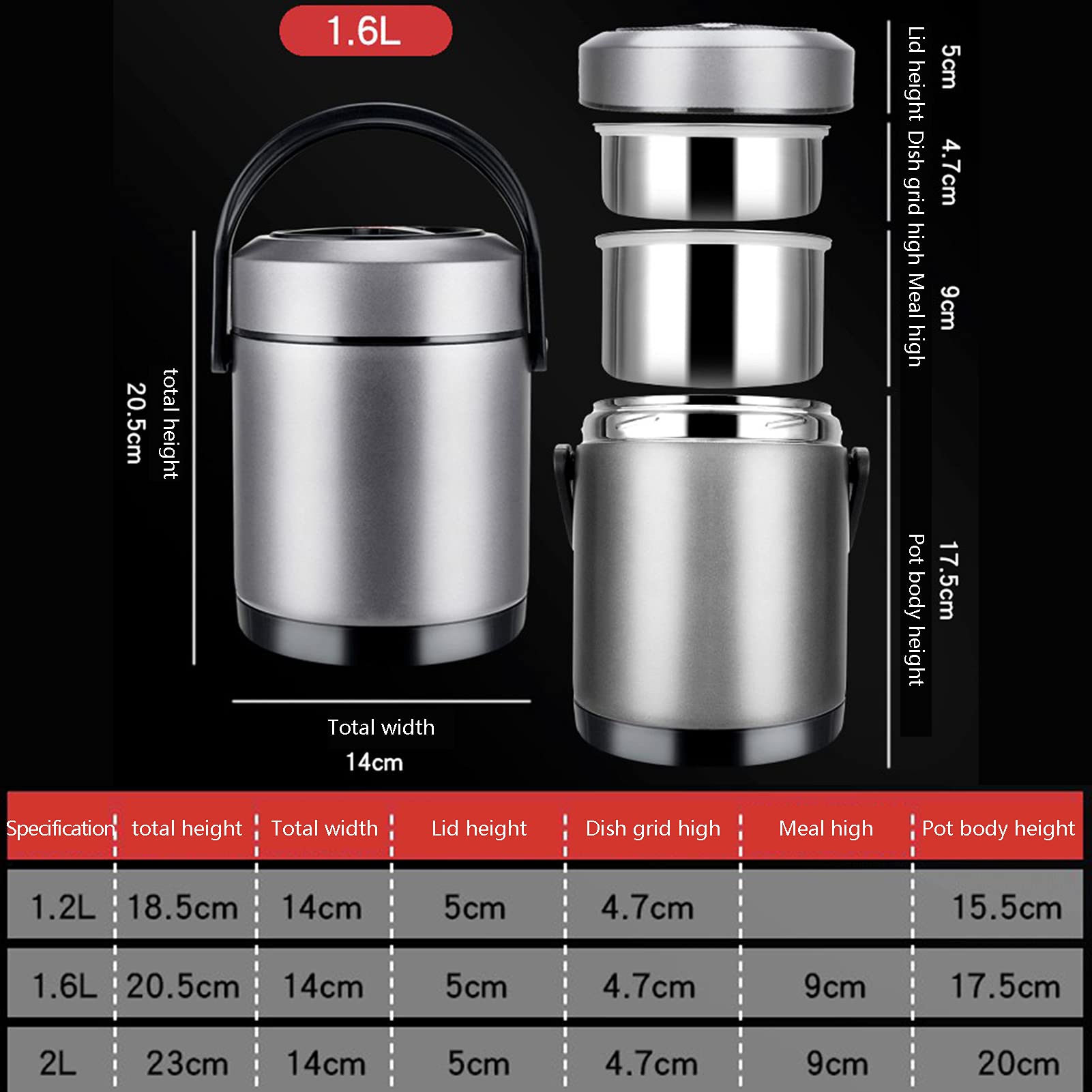 Acero Inoxidable 2.6L Termo De Alimentos Cuadrícula De Tres Niveles Conservación De Gran Capacidad, Adecuado para Trabajadores De Oficina, Estudiantes, Niños, Ancianos, Etc,B,2.6L