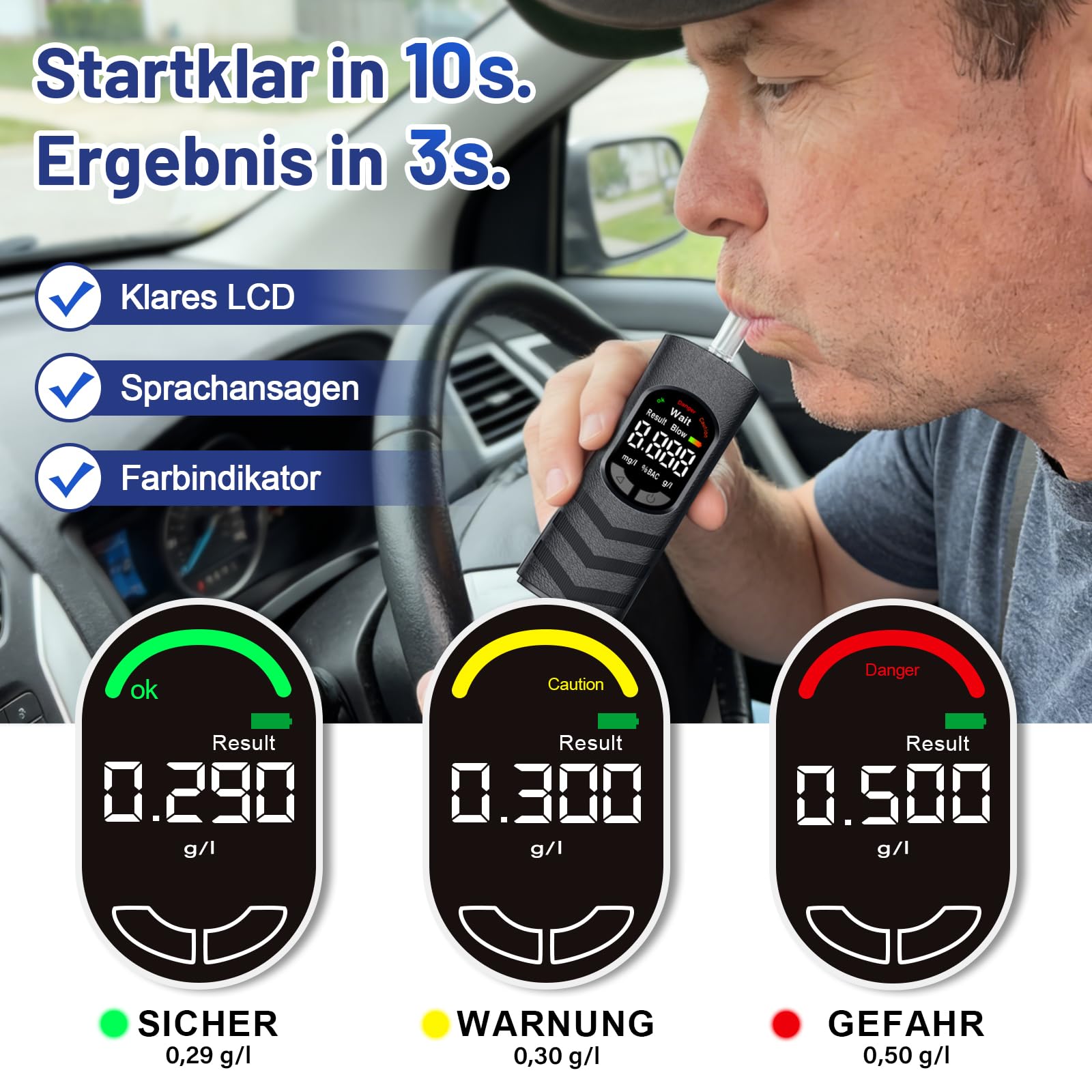 Alkoholtester Atemalkoholtester mit USB-C Akku, Farb-LCD, Halbleiter-Sensor, 20 Mundstücken, tragbares Promillemessgerät für Auto, Zuhause, Party und Reise (Schwarz)