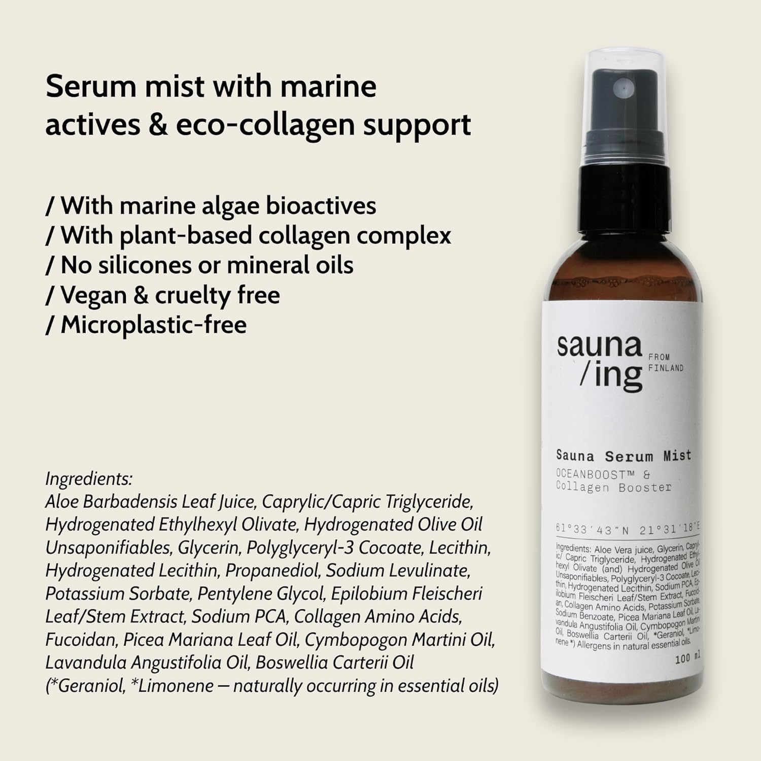 Sauna Serum Mist – Spray viso dopo la sauna con OCEANBOOST™ & collagene Booster – Idratante, rinfrescante e ad assorbimento rapido – Cura della pelle vegana