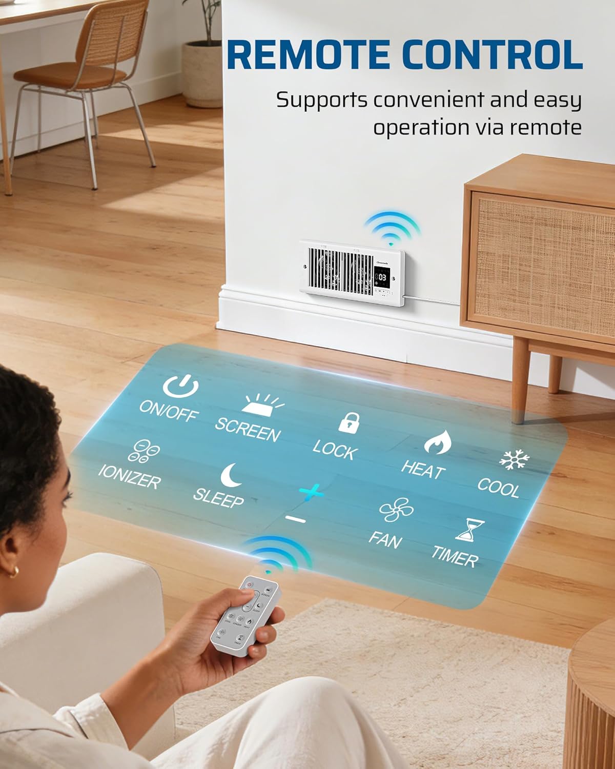 DEWENWILS Register Booster Fan, 4" x 10" Register Holes, 180° Adjustable Grille Vent Fan Booster, Improves Heating & Cooling Vents, Quiet 140 CFM, Panel & Remote Control for Room, Floor, Wall, White