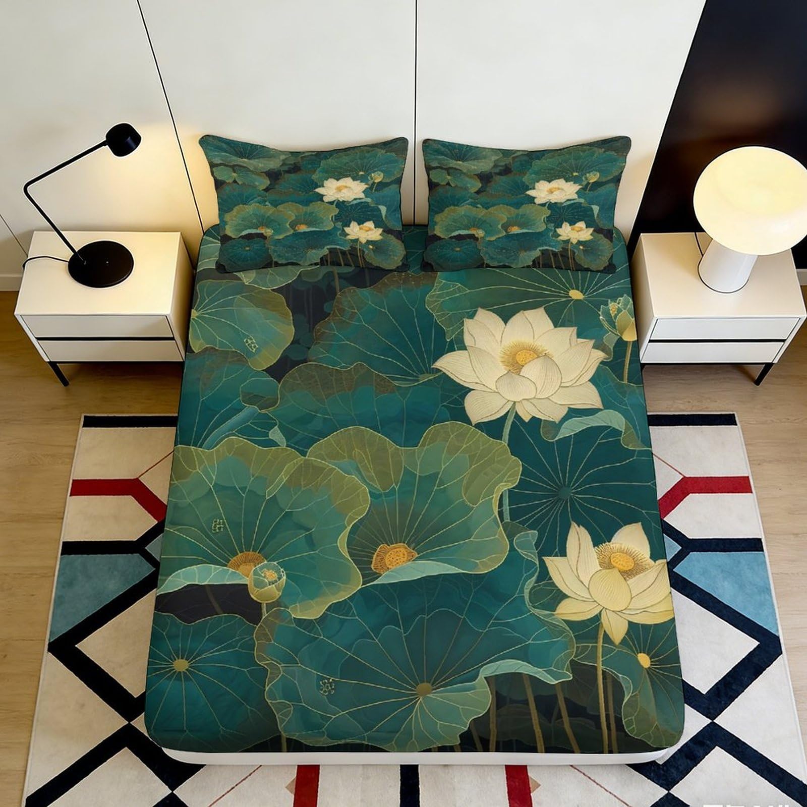 3D Printed Lotus Pond Fitted Sheet Microfiber Soft Green Water Lily Bed Cover for Bedroom Dorm Mattress Protection Decor 90x200x25cm