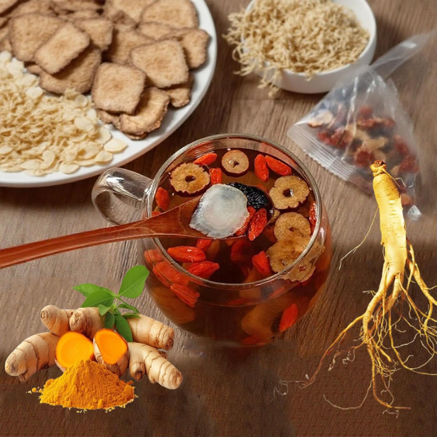 Turmeric Kidney Tea Formula Ginseng Eight Treasures Tea Organic – Herbal Tea Blend to Support Kidney Function & Energy, Traditional Chinese Herbs for Men & Women (50pcs)