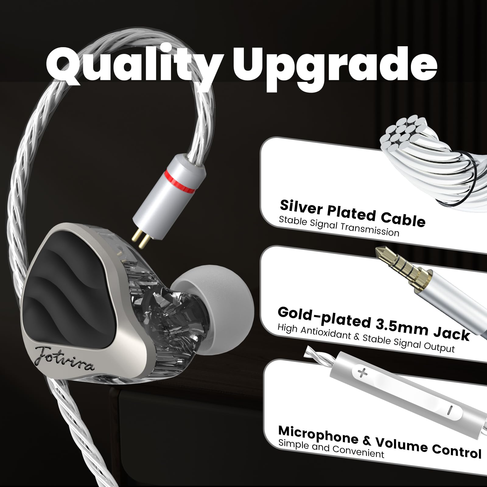 Podwójne dynamiczne przetworniki 10 mm w monitorze uszu, przewodowe słuchawki HiFi ze stopu cynku, hybrydowe słuchawki IEM, 2-pinowy, odłączany, posrebrzany kabel IEM dla audiofilów, muzyków