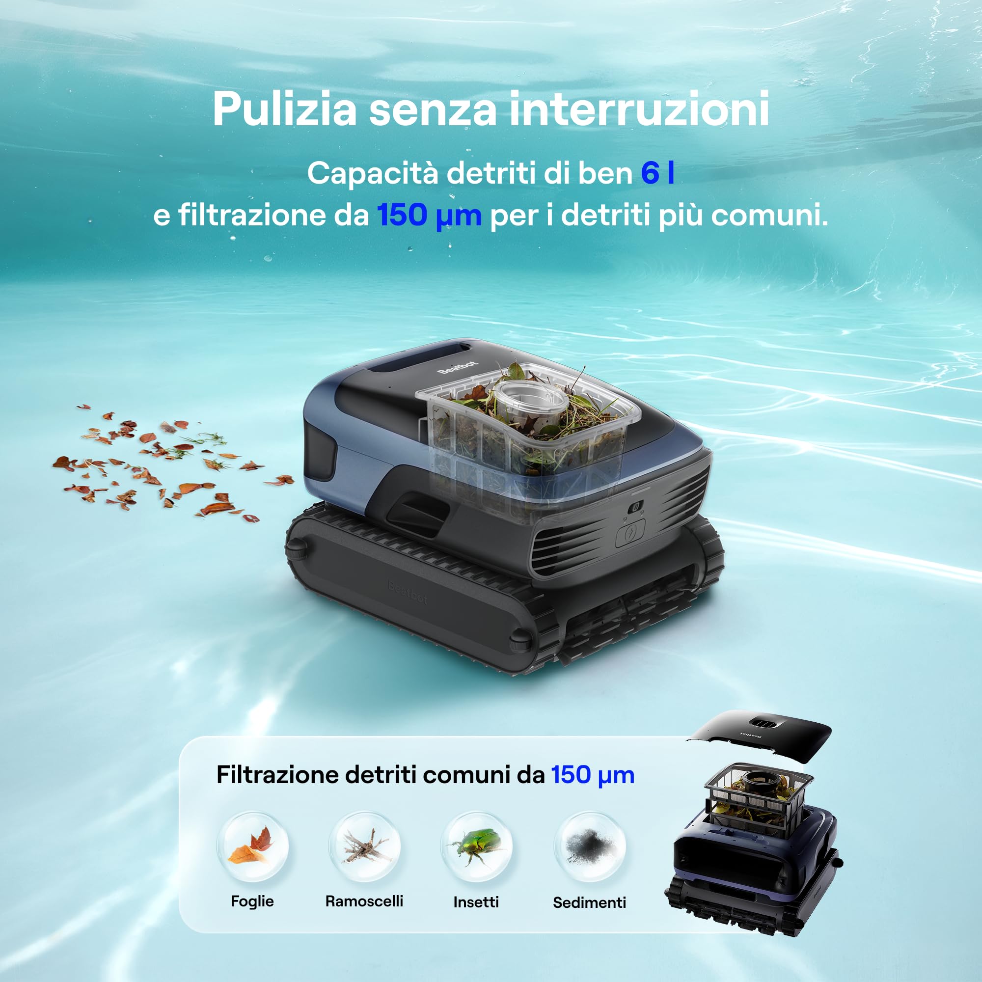 Beatbot Sora 70 Robot Piscina pareti e Fondo, Superficie e Linea,Blu | Pareti e fondo, superficie e linea di galleggiamento, senza fili, parcheggio in superficie,App,Piscine Fuori Terra/interrate