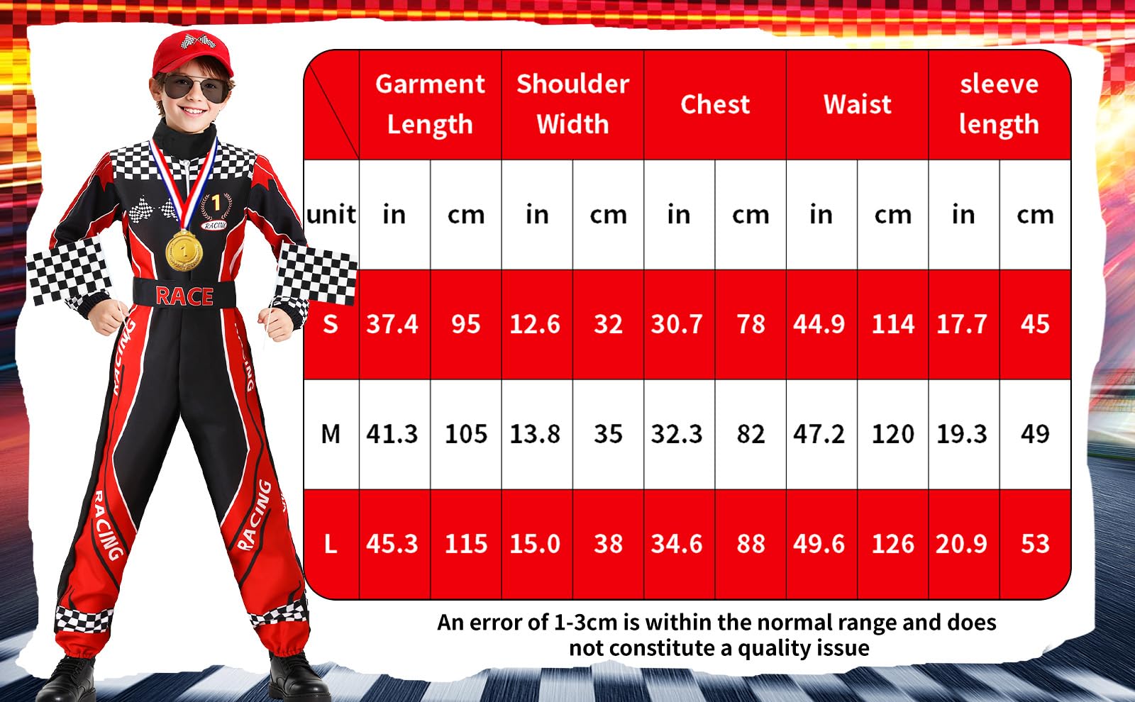 Rennfahrer Kostüm Kinder Race Overall Jumpsuit mit Gläser Medaille Hut Flagge für Halloween Karneval Racer Cosplay