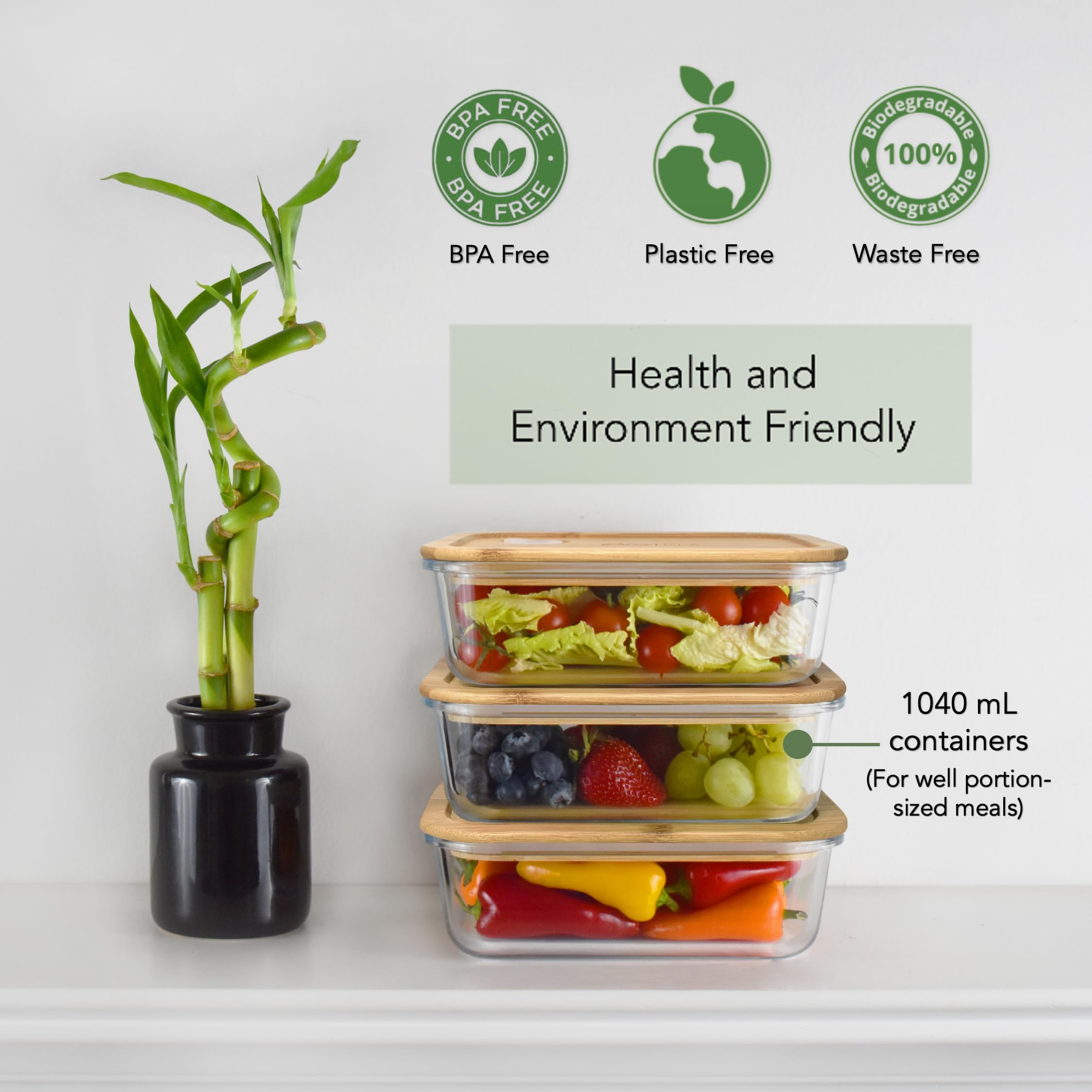EcoPreps Glasbehälter mit Bambusdeckel (3er-Pack) – 100% plastikfrei, umweltfreundliche Lunchbehälter, Bambusdeckel-Aufbewahrungsbehälter-Set – mikrowellengeeignetes Glas-Frischhaltedosen-Set