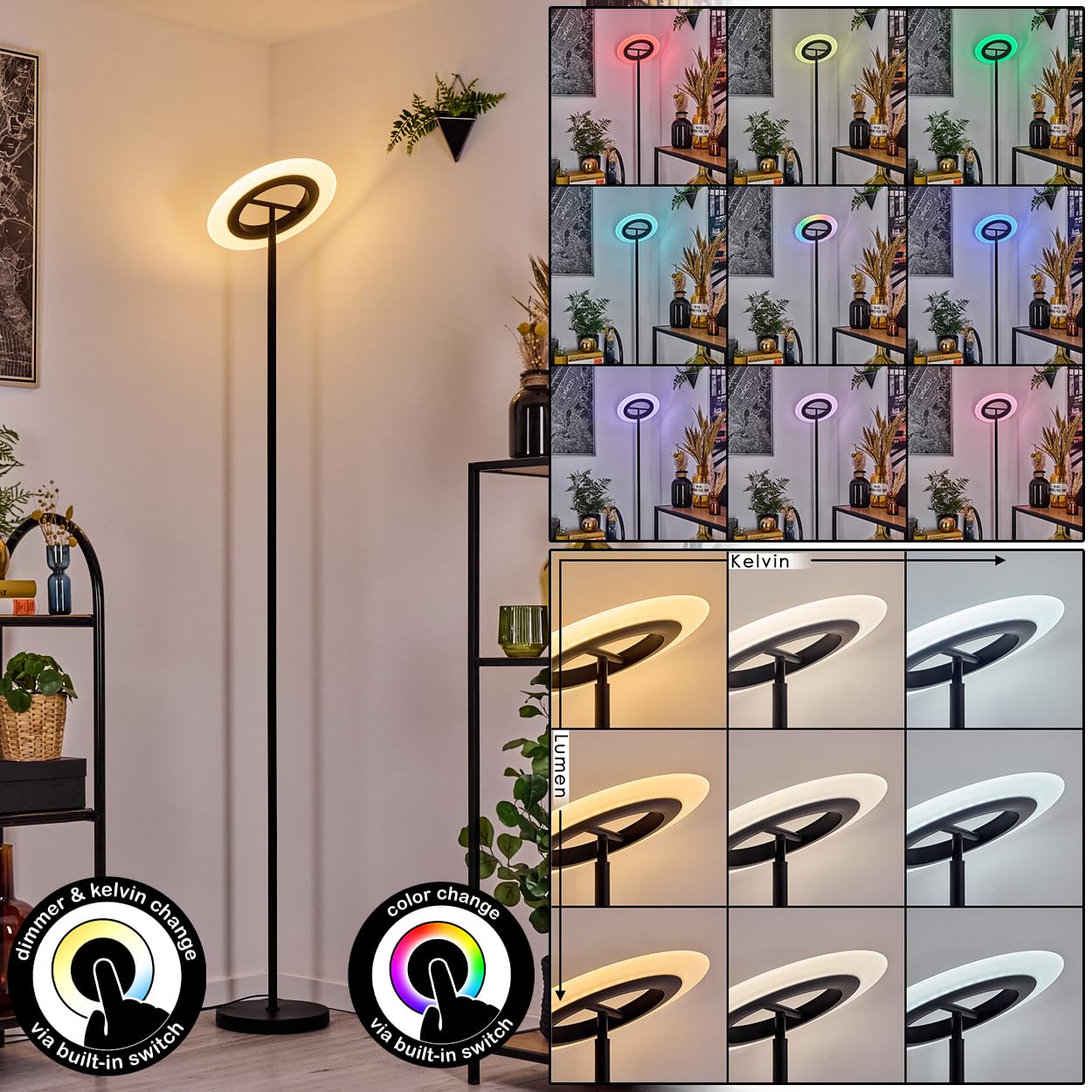Lampa stojąca LED HOFSTEIN Byrum, możliwość ściemniania, wykonana z metalu/szkła w kolorze czarny/biały, verstellbar, nowoczesny design, ściemniacz dotykowy, CCT, 186,5 cm, salon, sypialnia, jadalnia