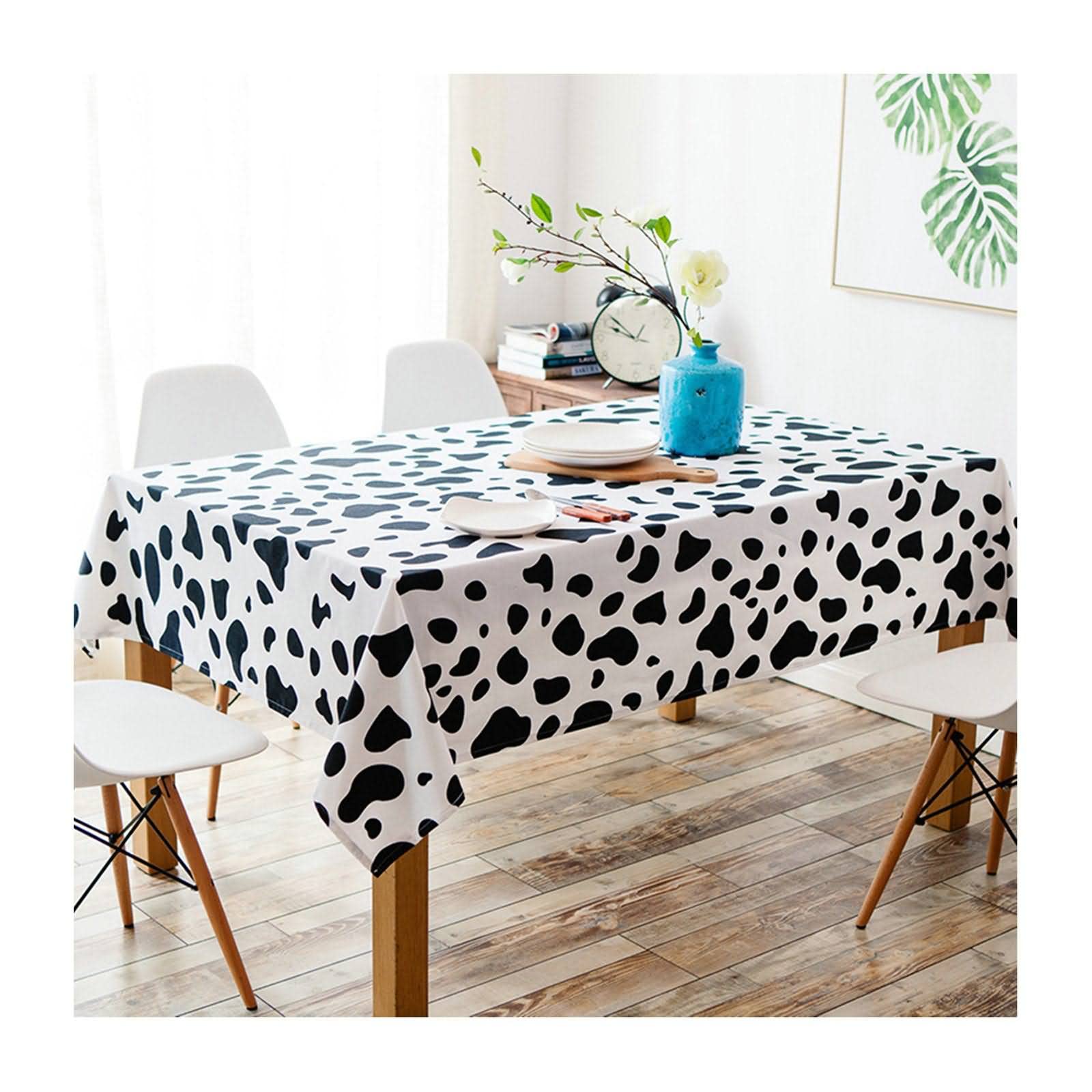 Nappe De Table Rectangulaire Pinic Tissu Impression Vache Coton Enduit Noir Blanc Décoration Protection 140X220Cm