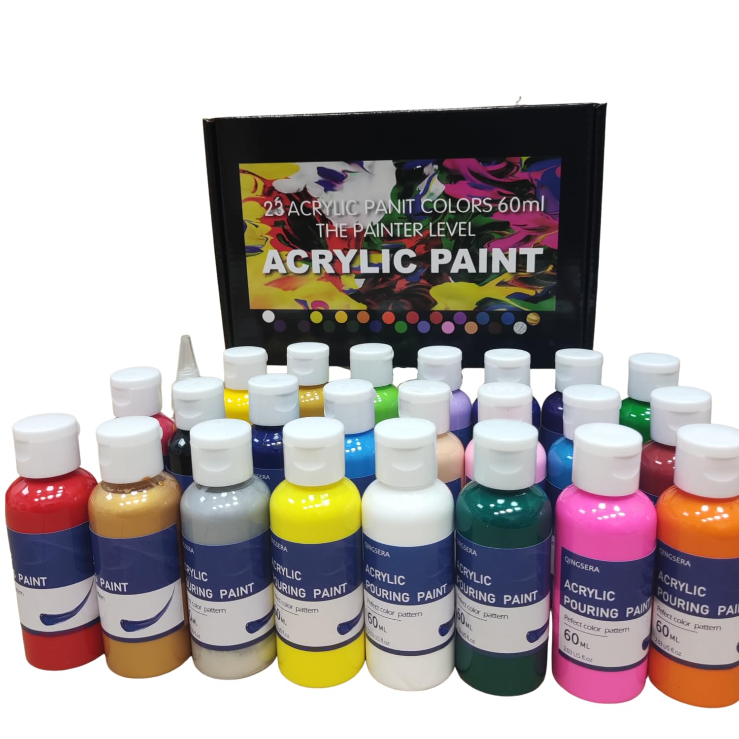Qingsera 23 Colors Acrylic Pouring Paint Set (2.03 Oz, 60 Ml) Premixed High Flow Art Supplies Kit, 30Ml Silicone Oil, For Beginner Cell Creation Diy, Ready To Pour On Canvas, Rocks, Wood, More Surface