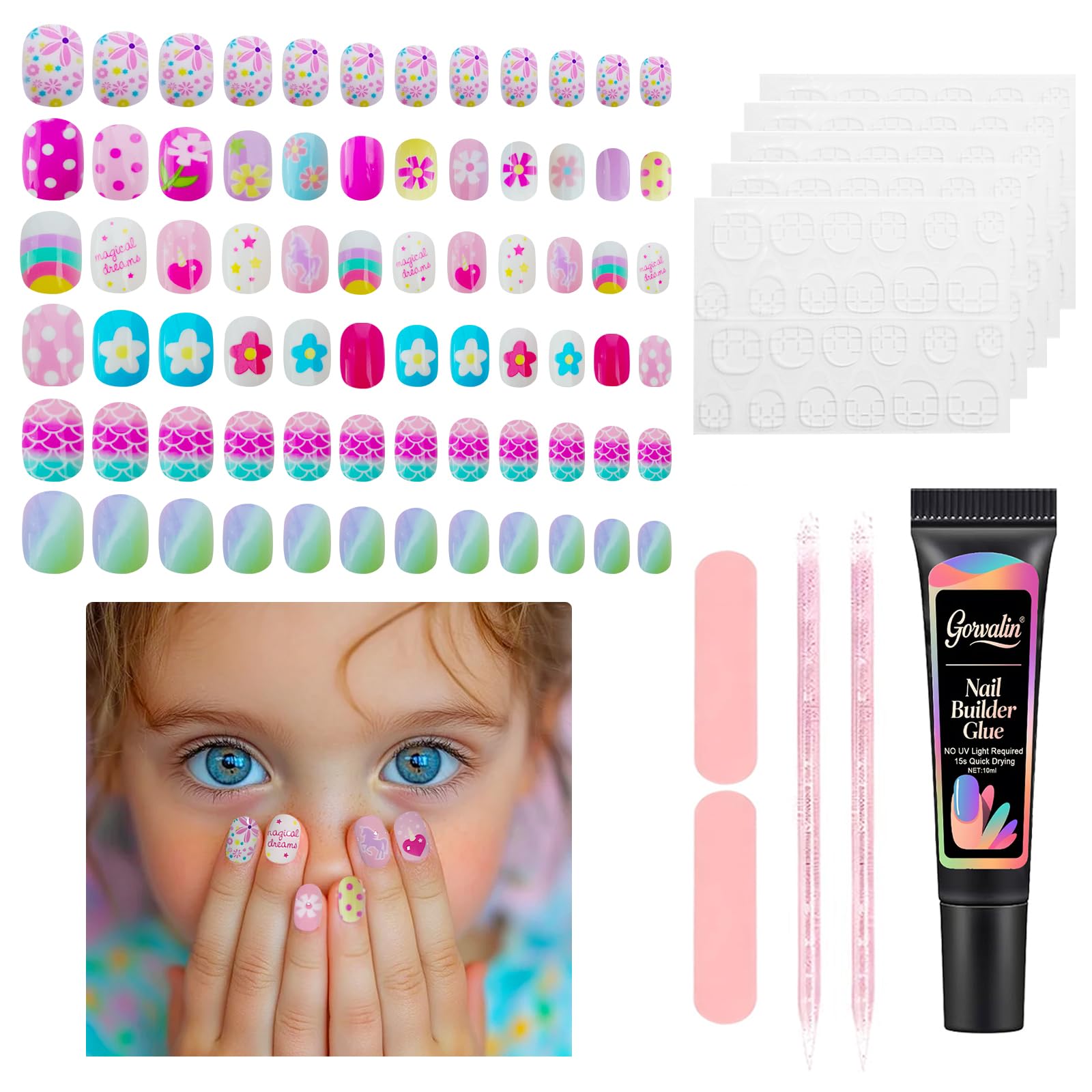 144 Pieces Press on Fake Nails for Kids - Gorvalin 6 Pack Full Cover Flower Mermaid Kids Fake Nail for Girls 10-12 Years Old with Nail Adhesives Tabs