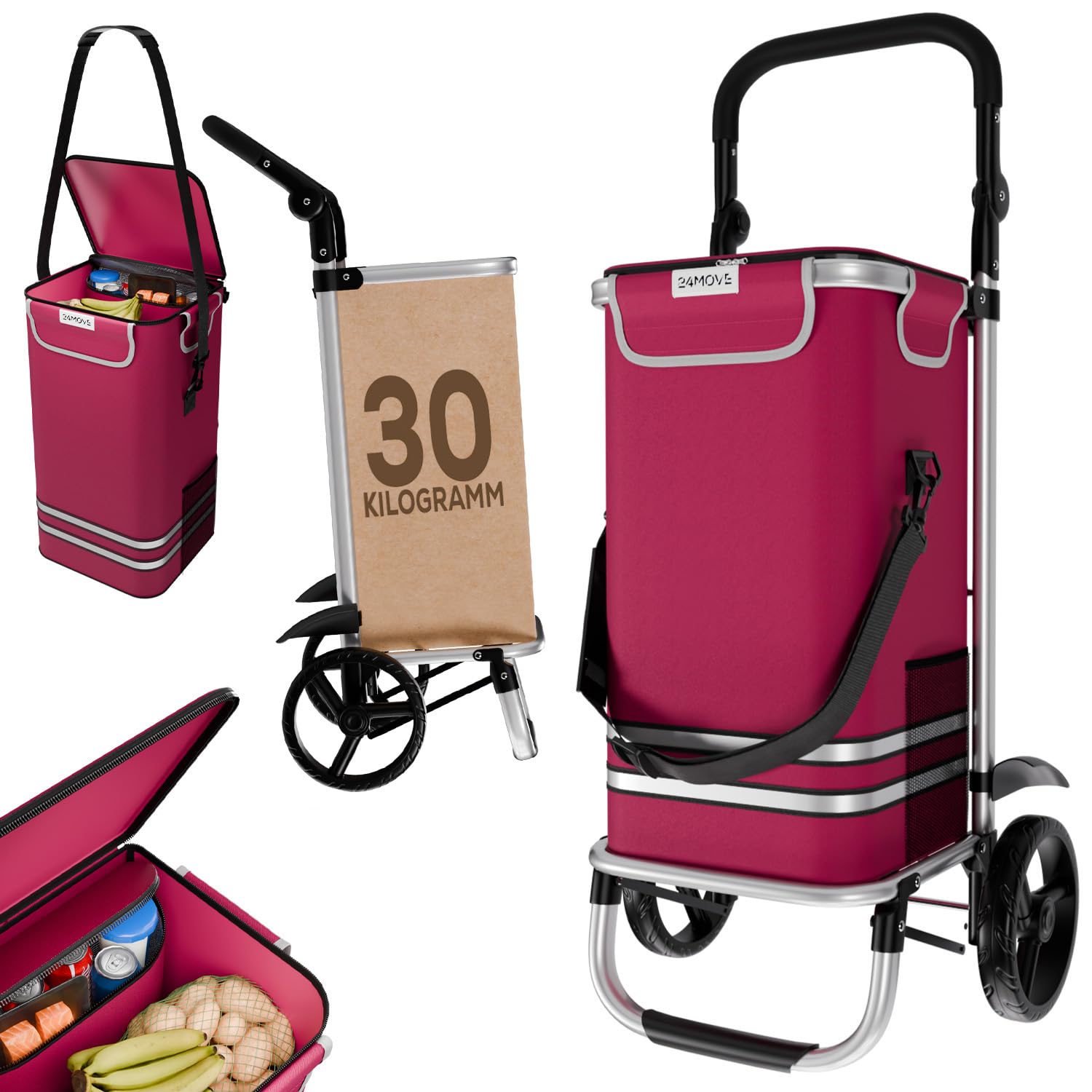 24MOVE® Einkaufstrolley Vehlo klappbar mit 55L inkl. Kühlfach, Faltbarer 3in1 Trolley - Sackkarre und Tasche, bis 30kg belastbar, rot