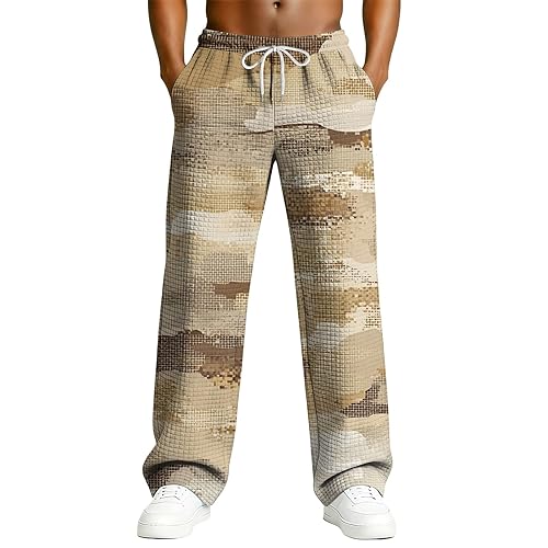 Camo Pants Men Waffle Open Bottom Relaxed Fit Sweatpants Drawstring