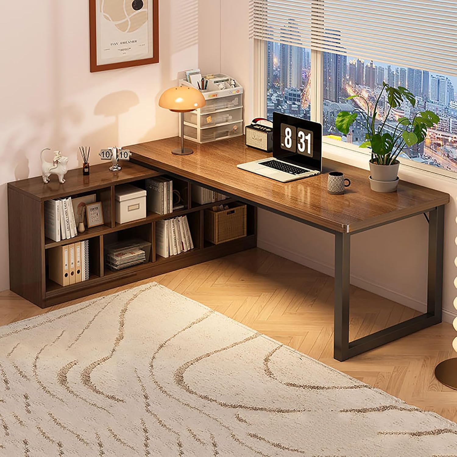 CGCSYZ Modern L Shaped Computer Desk with 2 Tier Storage Shelves Reversible Home Wood PC Table for Space saving Vanity Desk and Bedside Tables(Wood-120x120x75cm(47x47x30inch))