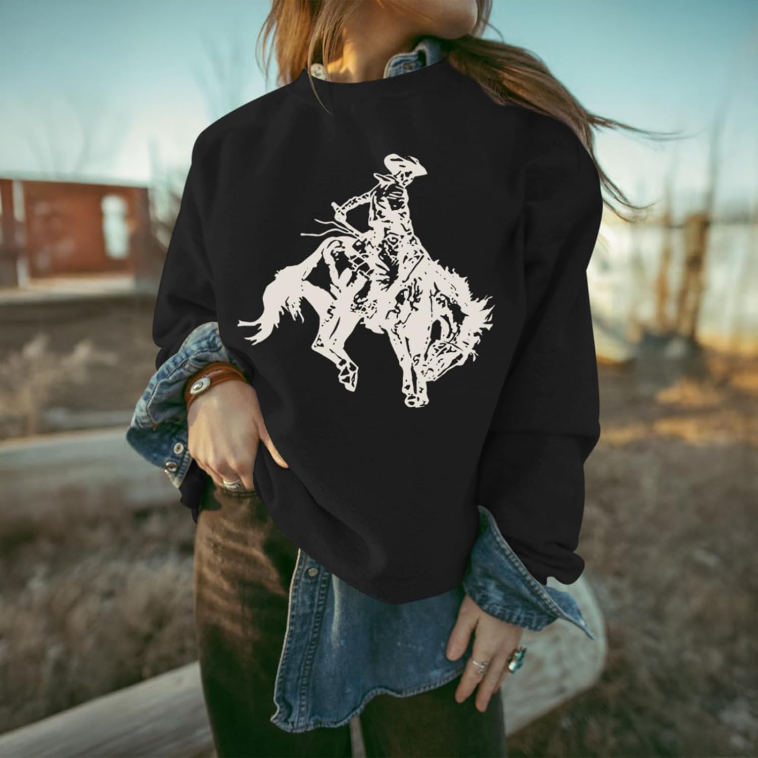 Western Cowboys Graphic Sweatshirts For Women Cowgirls Rodeo Oversized Sweatshirt Country Concert Crewneck Outfits - Image 2