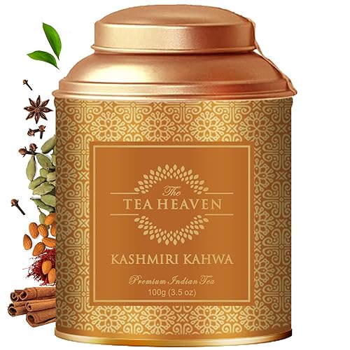 The Tea Heaven Kashmiri Kahwa Tea, té chai indio de hojas sueltas de primera calidad con 8 ingredientes totalmente naturales, té verde fresco