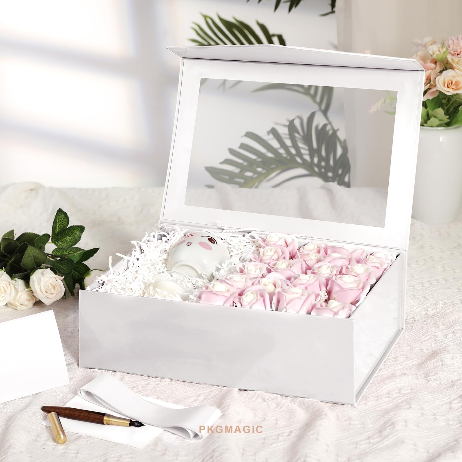 PKGMAGIC 5 grandi scatole regalo bianche con finestra, 34,3 x 22,8 x 10,4 cm, scatole regalo chiare per il presente, scatole di proposta di damigella d'onore, scatole regalo con coperchio magnetico