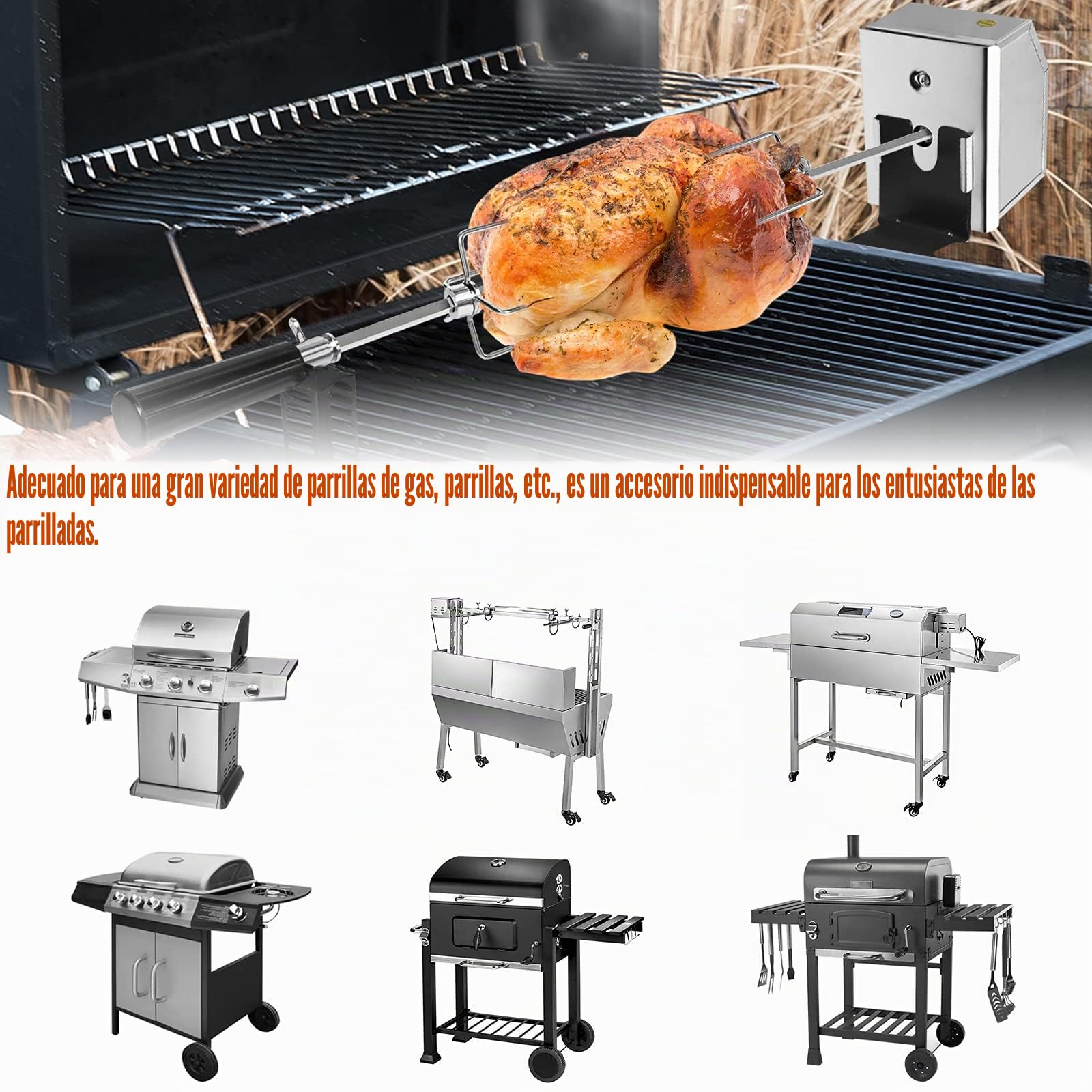 NAIZY Asador Giratorio Electrico para Parrilla de Gas Juego con Brocheta Incluye 2 agujas para carne y motor de Acero Inoxidable Barbacoa Asador 220V - 240V para asador y parrilla de gas