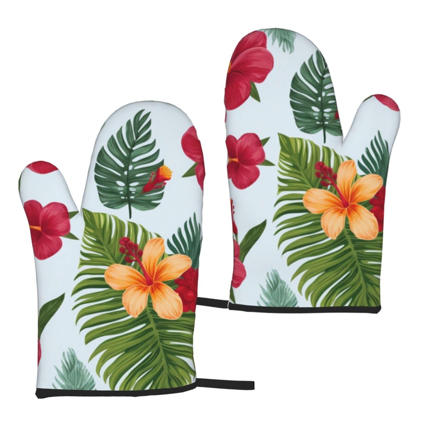 Hawaiian Tropical Leaves Flowers Printed Oven Mitts Sets 2 PCS Heat Resistant and Non-Slip Glove Potholder for Kitchen Cooking Baking Grilling