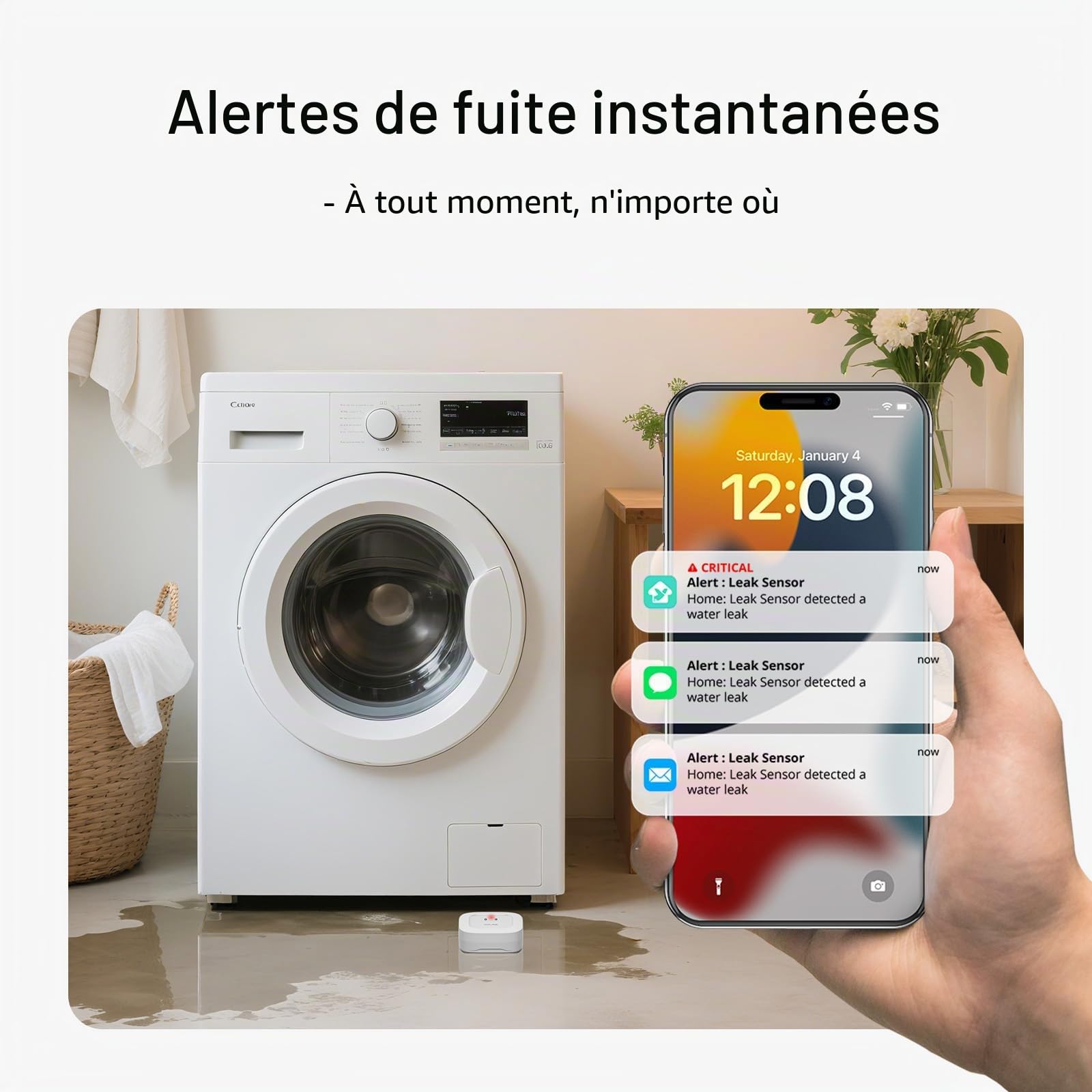 YoLink – Lot de 4 capteurs de fuite intelligents sans fil à la plus longue portée du monde, compatibles avec Alexa et IFTTT Détecteur de fuite avec alertes d'applications et moniteur à distance,