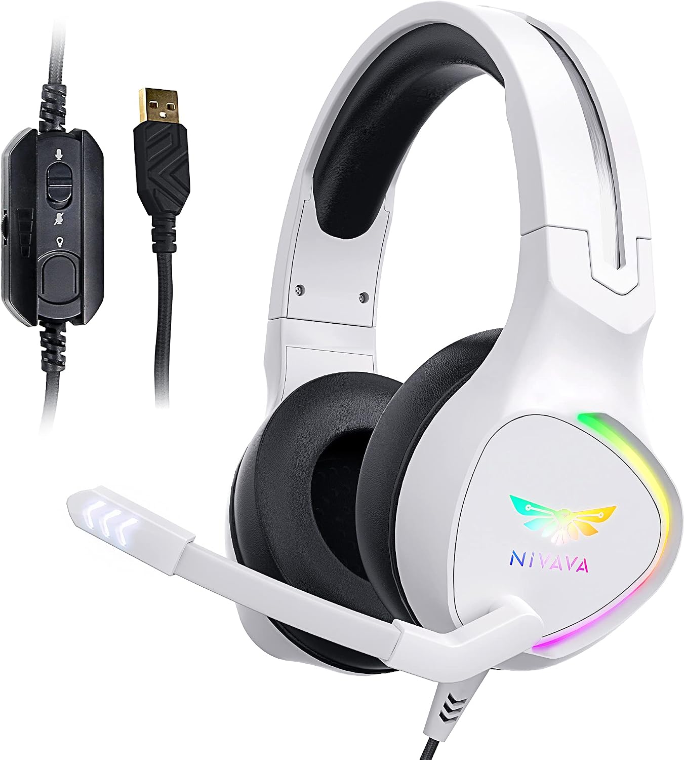 NIVAVA K12 White USB Gaming Headset for PC, PS5, 7.1 Surround Sound PS4 Headset with Noise Cancelling Microphone, Over-Ear Headphone with Soft Memory Earpads RGB LED Lights for Computer Laptop Mac