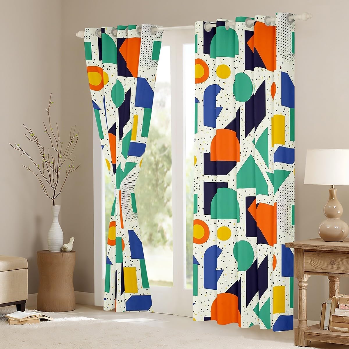 Memphis Geometric Pattern Curtains & Drapes 84"X84",Retro Style Round Half Moon Triangle Shapes Artwork Blackout Curtains Colorful Graphic 80s 90S Style Curtains Abstract 1990S Memphis Home Decor
