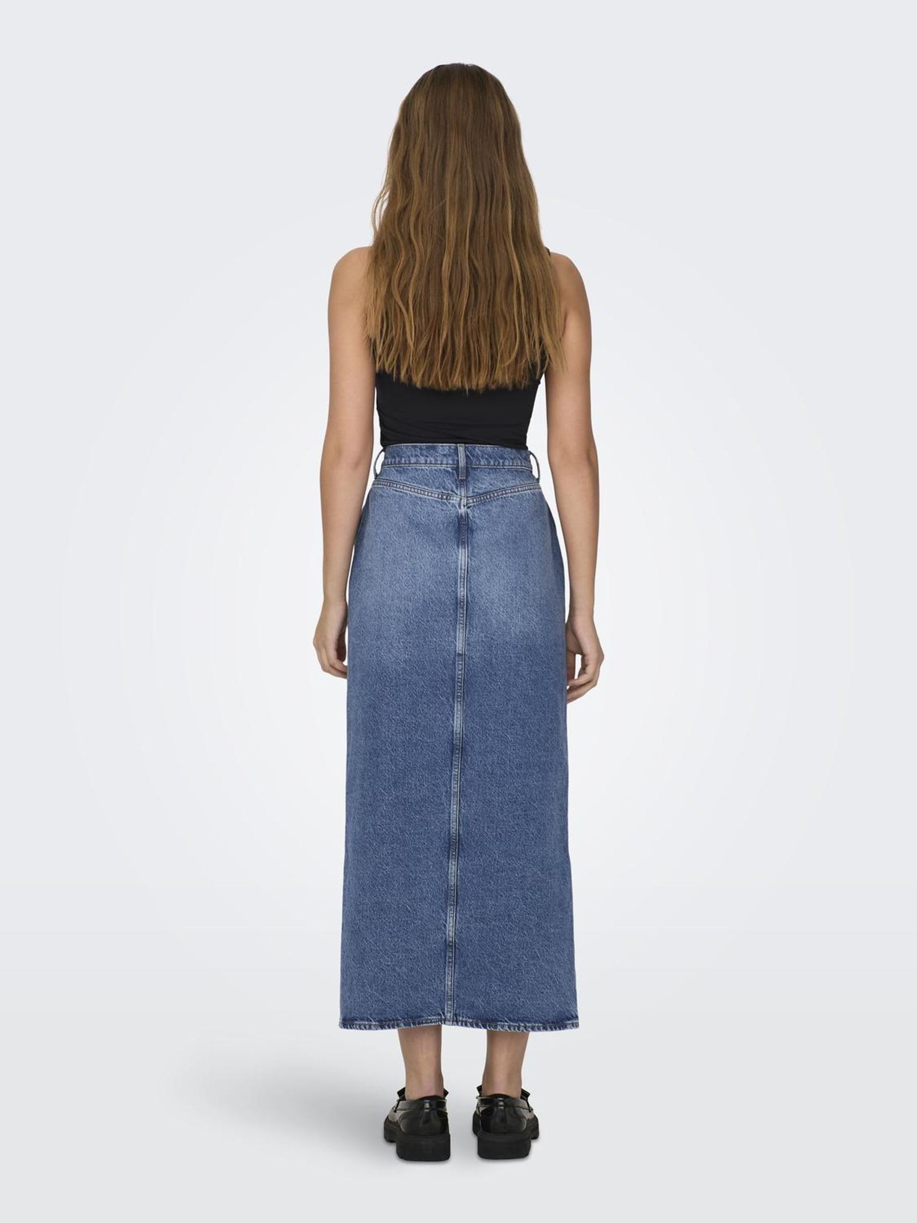 ONLY Falda Vaquera Maxi para Mujer con Abertura en la Parte Delantera Stone Denim Wash Falda con Cintura Media y Bolsillos Delanteros.