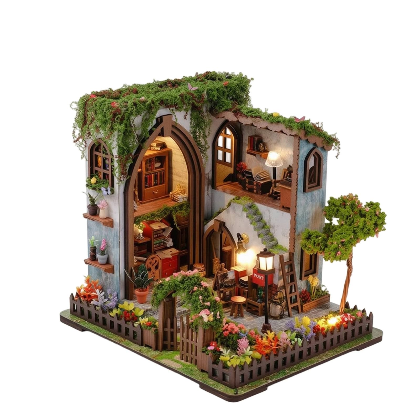 Casa in Miniatura Kit Fai da Te Modello Edificio Diorama Architettonico Scena Artistica con Arredi Miniature Fiori E Vegetazione Base Recintata E