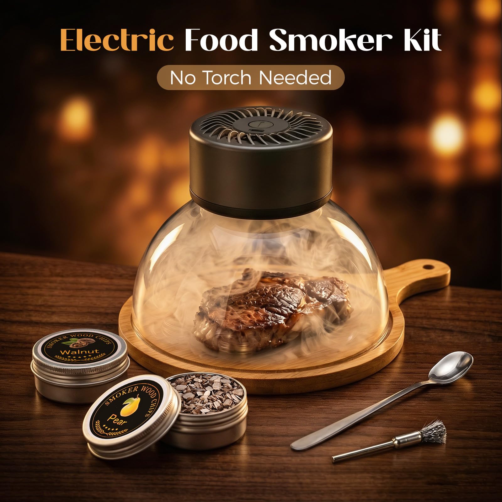 Kit affumicatore elettrico per cocktail, ricaricabile USB-C, senza torcia, per cocktail e cibo, controllo del fumo regolabile, copertura in vetro, vassoio di legno, 6 trucioli di legno (15 cm)