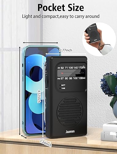 Miniatura 7 de Radio portátil AM FM, radio a batería con altavoz grande de 3 W, radios de transistor con la mejor recepción, bolsillo con clip trasero, linterna,