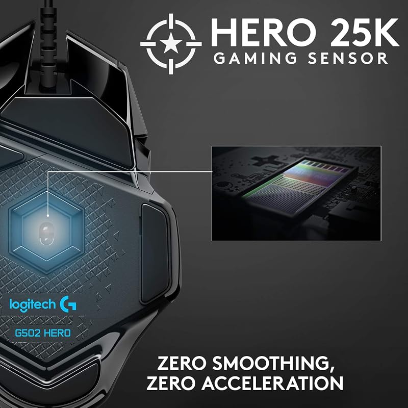 Logitech G502 HERO High Performance Wired Gaming Mouse, HERO 25K Sensor, 25,600 DPI, RGB, Adjustable Weights, 11 Programmable Buttons, On-Board Memory, PC/Mac - Black