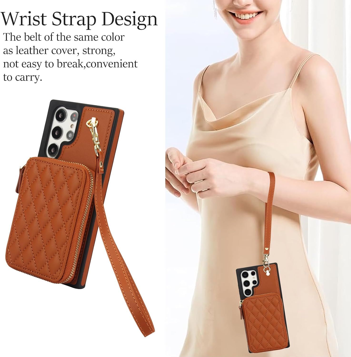 Phone Case for Samsung Galaxy S22 Ultra 5G Wallet Cell Cover with Tempered Glass Screen Protector Wrist Crossbody Strap RFID Blocking Card Holder TPU S22ultra 22S S 22 S22ultra5g 6.8 Women Girls Brown