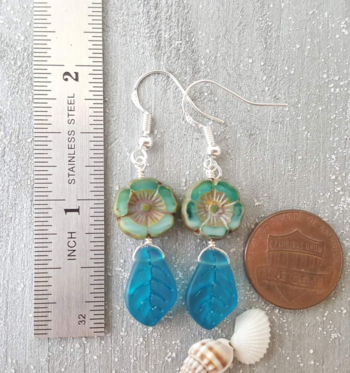 Handmade Bohemian glass Hawaiian Flower bead with sea glass carved leaf earrings, (Hawaii Gift Wrapped, Customizable Gift Message)