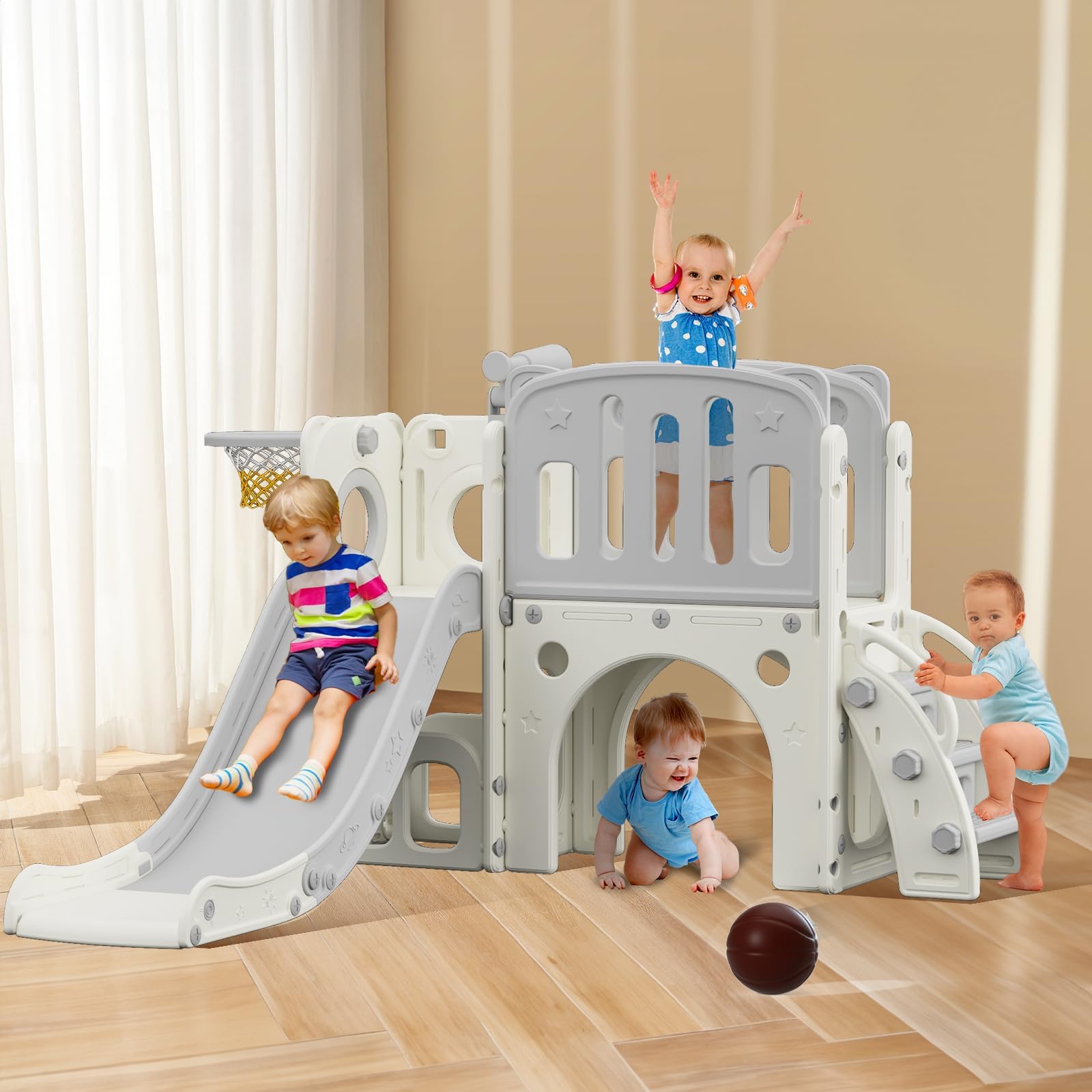 hoopyosms Tobogán para Niños Pequeños con Escalera, Aro de Baloncesto y Túnel, Conjunto de Tobogán Infantil de Plástico para Interiores, Juguetes para Patio de Juegos Montessori, Gris