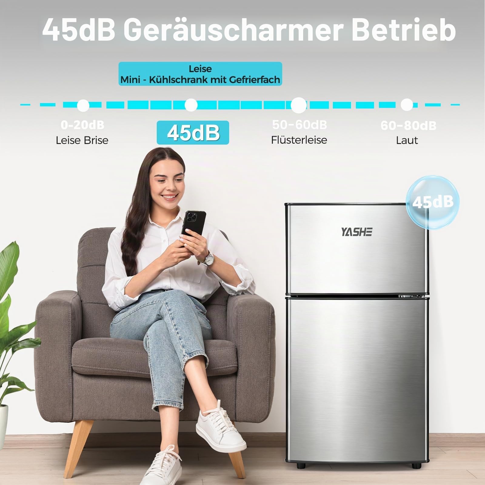 YASHE 86L Mini Kühlschrank mit Gefrierfach - Kleiner Kühlschrank, Doppeltür-Kühlschrank mit verstellbarem Thermostat, 7 Stufen, ideal für Wohnungen, Schlafzimmer, Büros und mehr