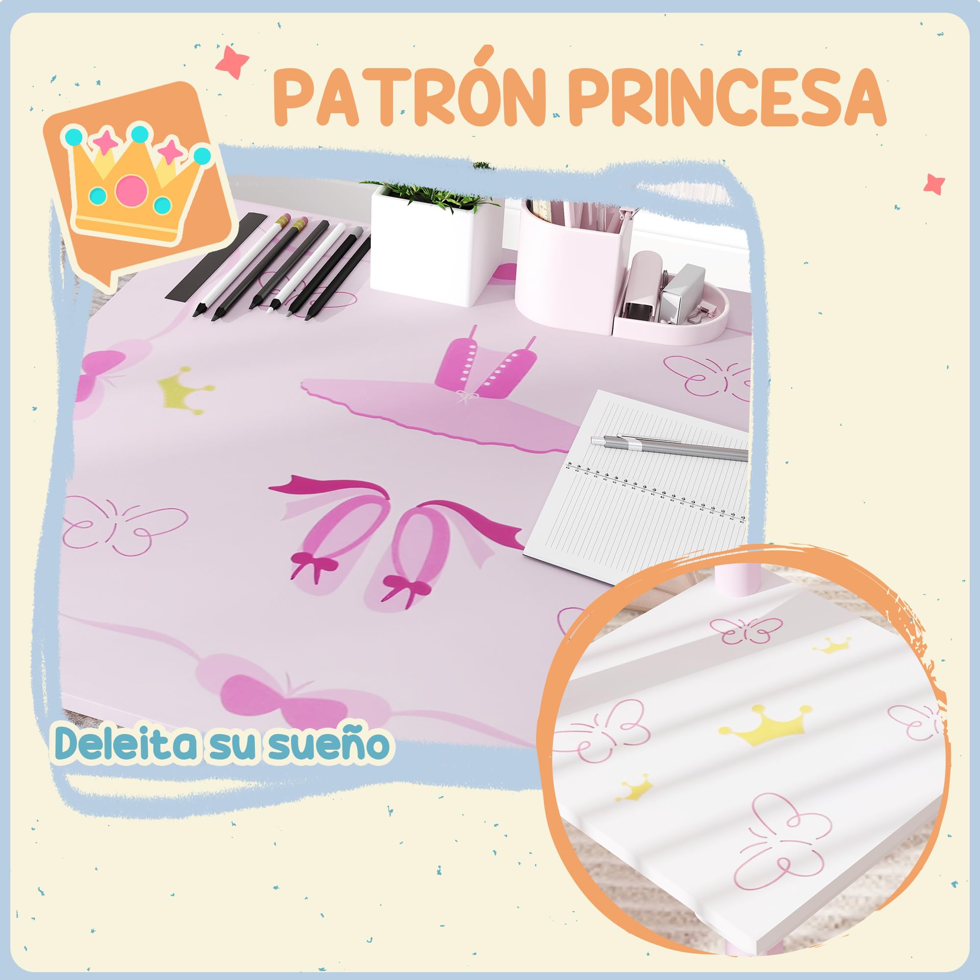 AIYAPLAY Tavolo e sedie per bambini 3 pezzi stile principessa Rosa e bianco