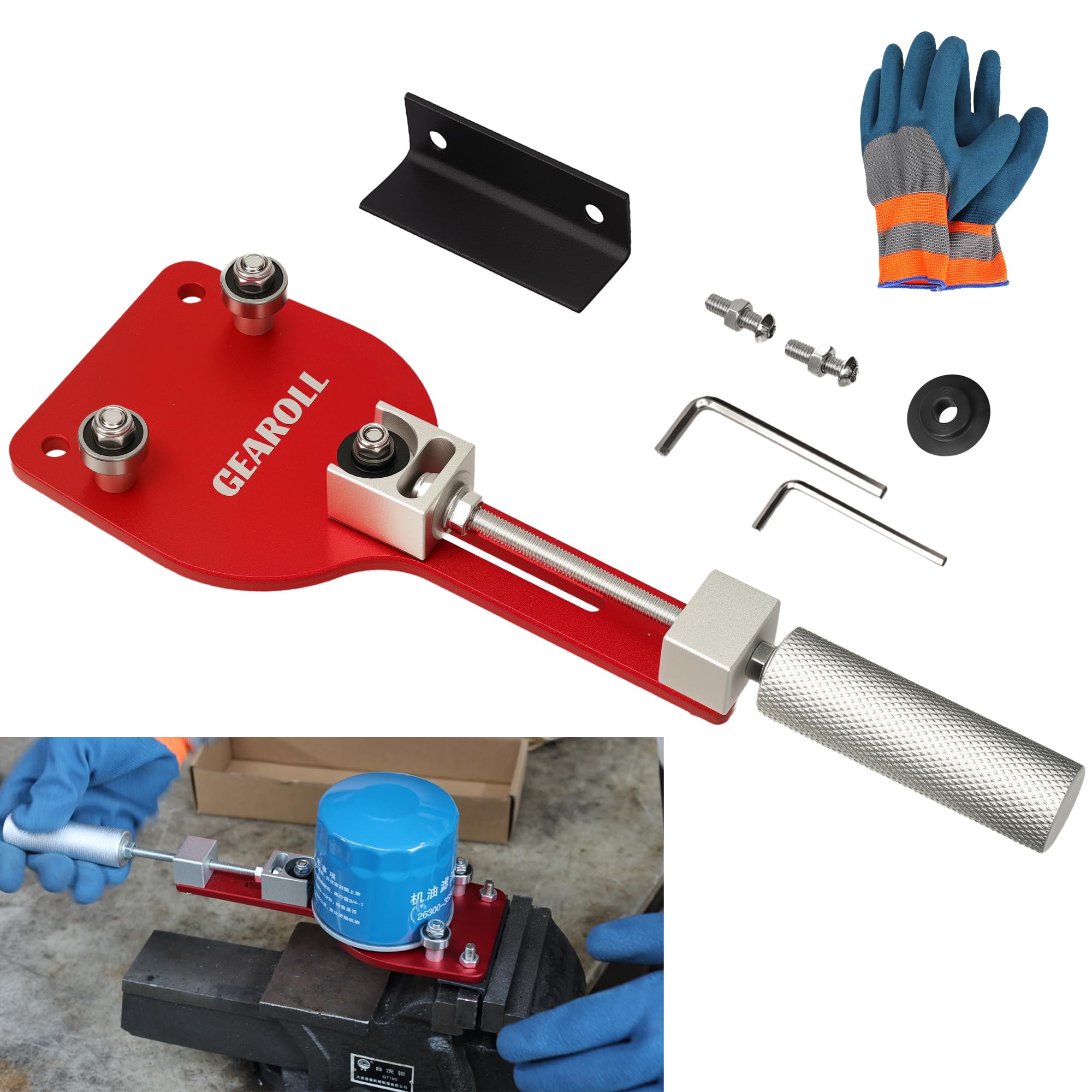GEAROLL 77750 Oil Filter Cutter Tool with Vise Jaw Plate, Oil Filter Cutter Cutting Tool for Filter Cutting Range 2-3/8" to 5" (Red)