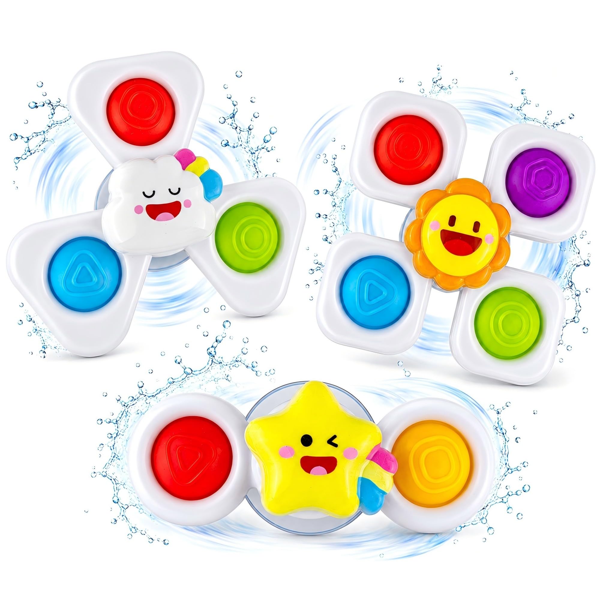 Plimto Baby Suction Spinner Toy Set of 3, Sensory Spinning Toys for Babies 6 Months+, Press Button High Chair Toy for Bath Time, Windows and Travel (Sky Set)
