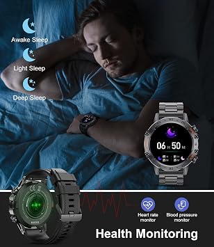 Military Smart Watch for Men, Smart Watches with Bluetooth Voice Call Compatible Android iOS Phone, Smartwatch with Heart Rate SpO2 Pressure Sleep Monitor, IP67 Waterproof Tactical Fitness Watch