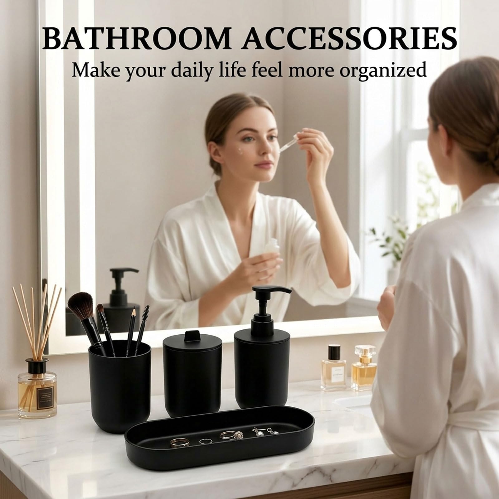 4-teiliges Badezimmer-Set Matt Schwarz – Ensemble d'accessoires de salle de bain modernes avec distributeur de savon, gobelet, récipient de stockage et plateau – Organisateur en plastique pour