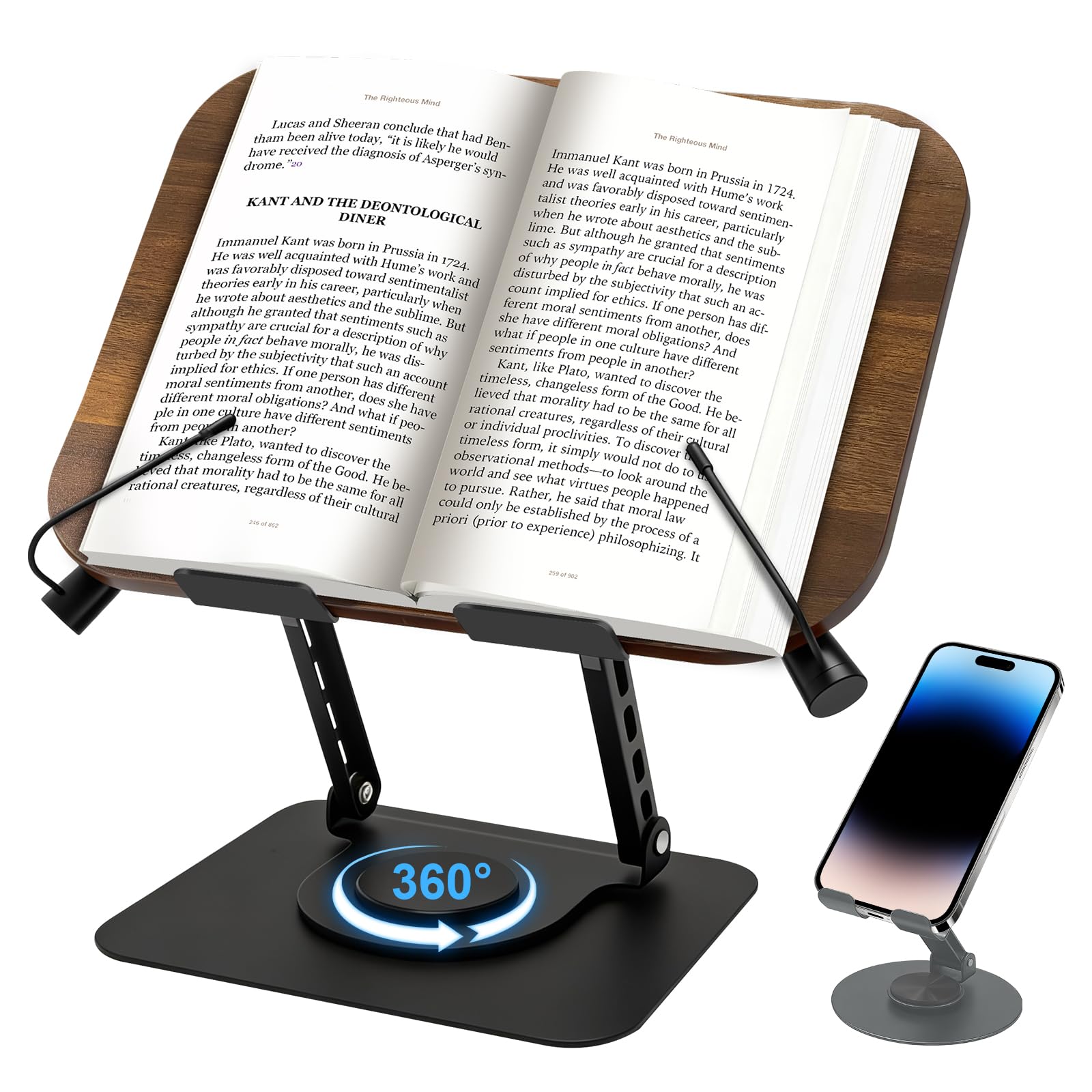Diesisa Book Stand for Reading: Wooden Book Holder with 360° Rotating