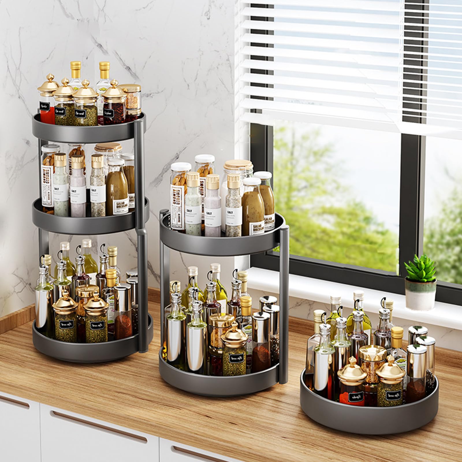 Porta Spezie per Cucina Organizer Girevole in Metallo Piatto Girevole Portaspezie 2 Livelli Organizer Sottolavello Deposito per il Bagno (Nero, 2Tiers)