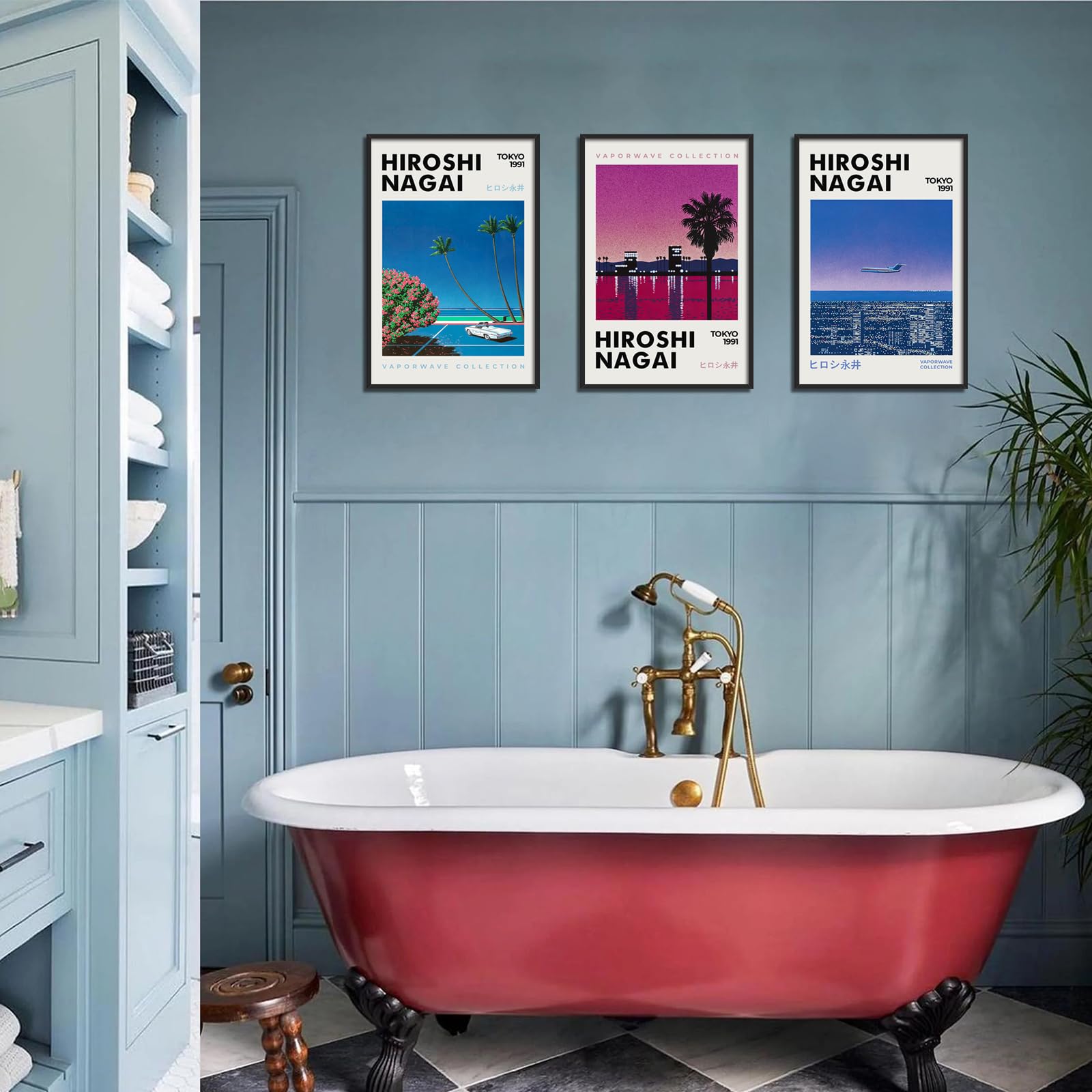 Japanese Canvas Wall Art, Framed Hiroshi Nagai Vaporwave Poster for Room Aesthetic, Set Of 3 Retro 90s Japanese Manga Colorful Art Print, Modern Japanese Landscape Art 24x36inches